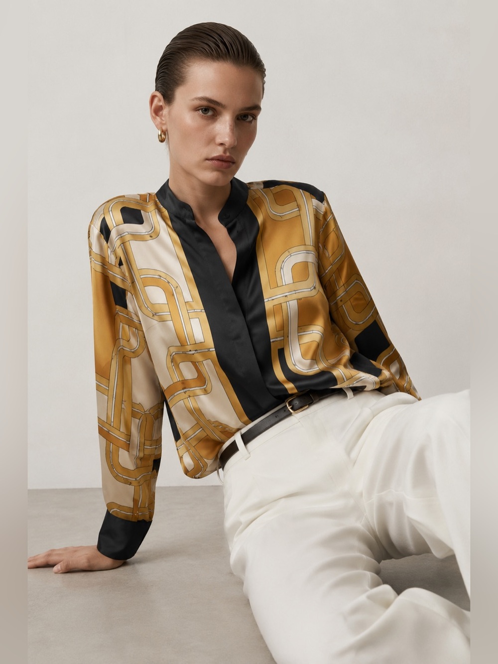 H&M x Richard Allan Satin Tunic Blouse | Geometric Chain Print | Size 8 / EUR 40
